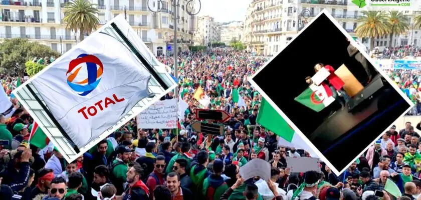 Montage : Manifestation populaire avec le logo de Total et la scène des Algériens perturbant une conférence de Total en France