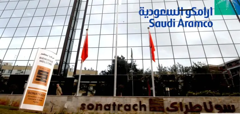 Montage : Le siège de Sonatrach avec le logo de la compagnie Saoudi Aramco