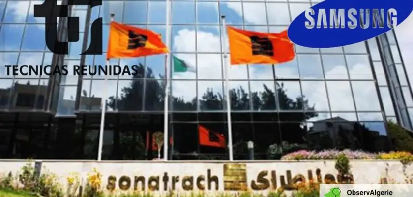 Siège de Sonatrach avec les logos de Tecnicas Reunidas et Samsung