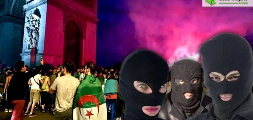 Individus cagoulés avec une scène de liesse des Algériens en France