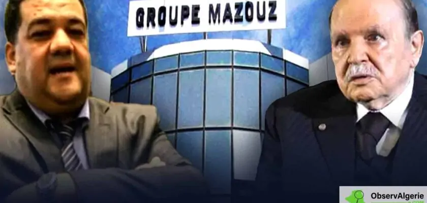 Ahmed Mazouz et Abdelaziz Bouteflika sur fond du siège du groupe Mazouz