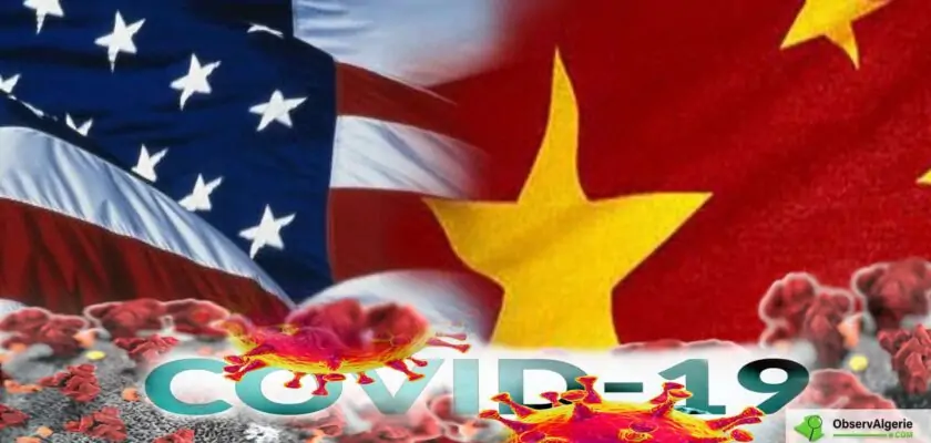 Montage : Coronavirus sur fond des drapeaux des États-Unis et Chine
