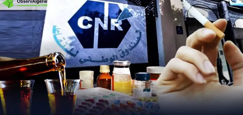 Montage: produits pharmaceutiques, alcool et tabac avec le logo de la CNR en arrière-plan