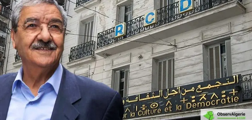Montage : Saïd Sadi sur fond du siège du RCD à Alger