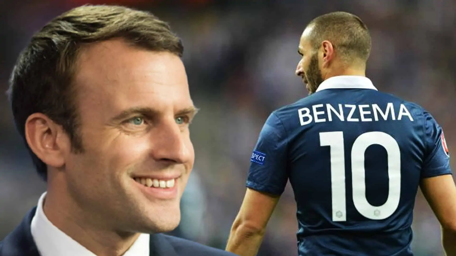 Montage : Emmanuel Macron (à gauche) et Karim Benzema de dos (à droite)