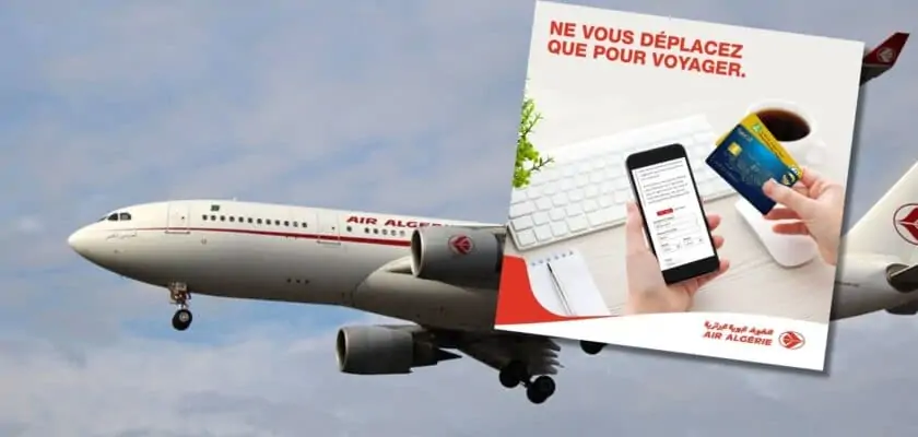 Montage : Avion d'Air Algérie, inscription « ne vous déplacez que pour voyager » et paiement en ligne
