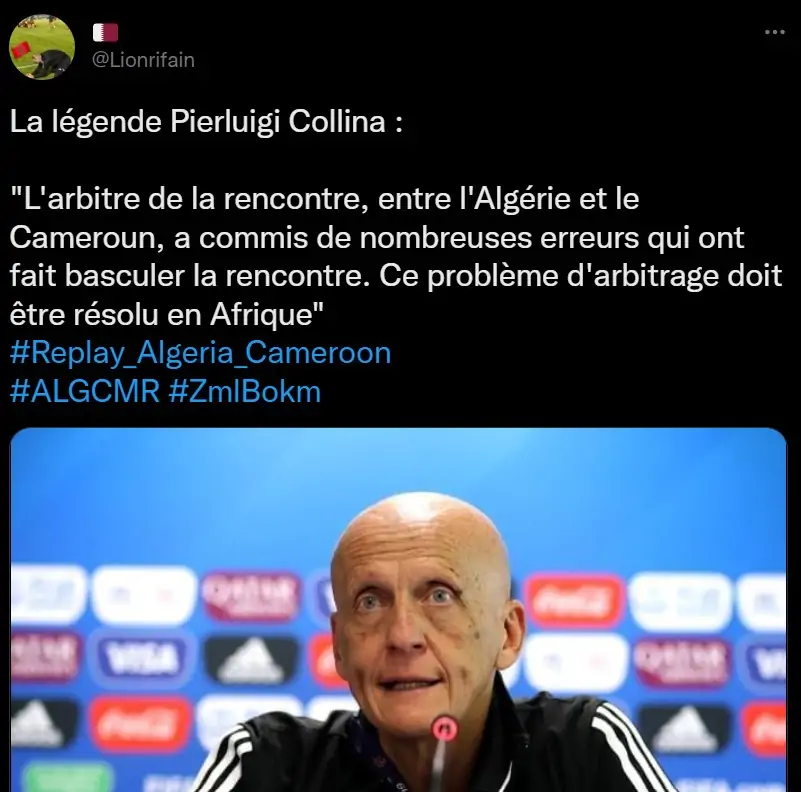 Tweet sur un prétendu soutien de l'ancien arbitre Collina à l'équipe d'Algérie